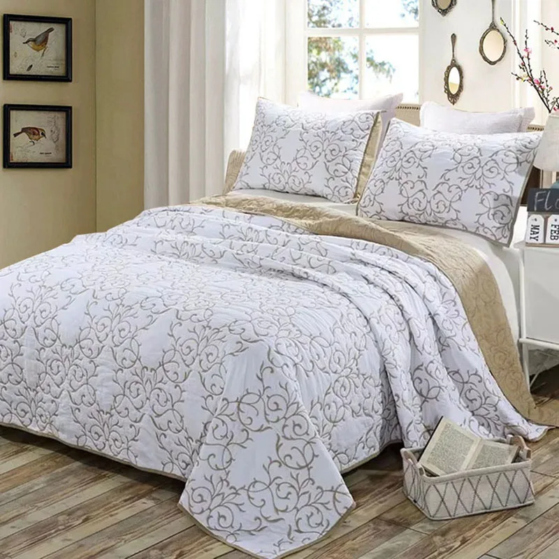 3pcs Cotton Quilt Set 3D Embroidered Quilted Bedspread King/Queen Size Summer Breathable Bedding Solid Color Design