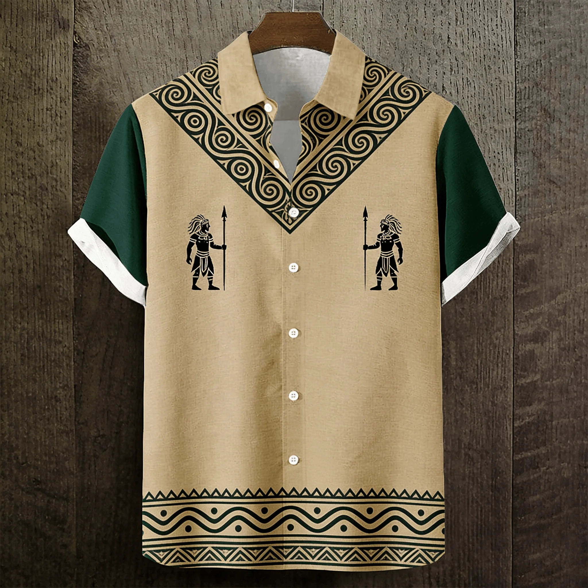 Men's Black & White Split Tribal Rune Print Short Sleeve Shirt, Ethnic Geometric Button Down For Spring Summer Casual