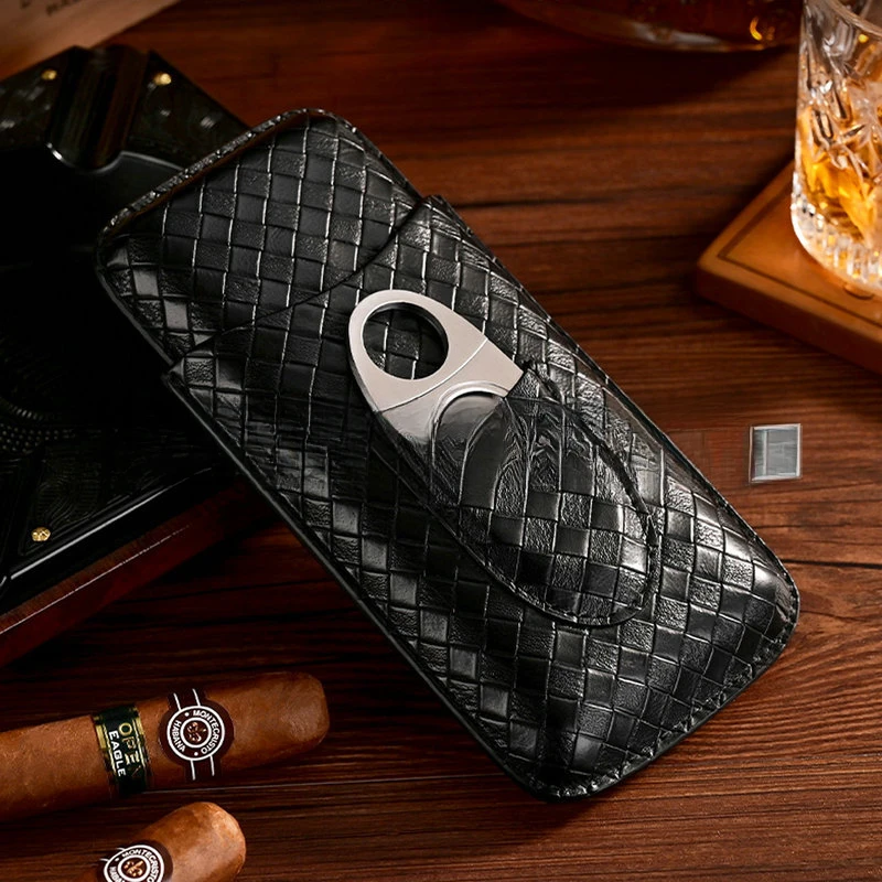 3 Pcs Leather Cigar Case Gift Set Portable Travel Humidor Box with Cigar Cutter Woven Cigar Holder Cigar Accessories