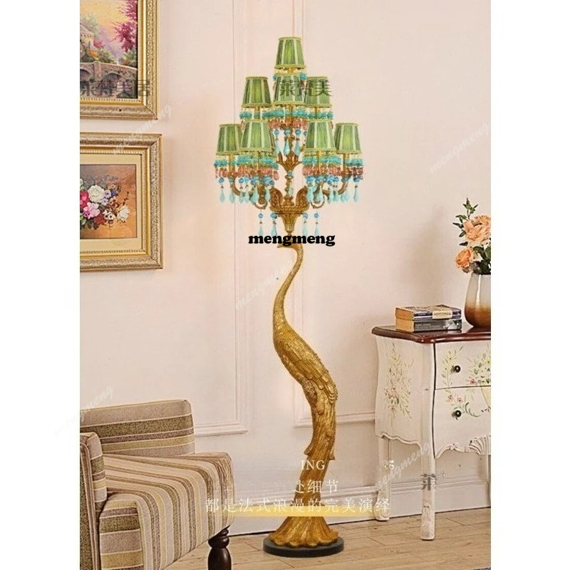 French retro dewaxing all-copper floor lamp luxury villa creative European living room crystal peacock big