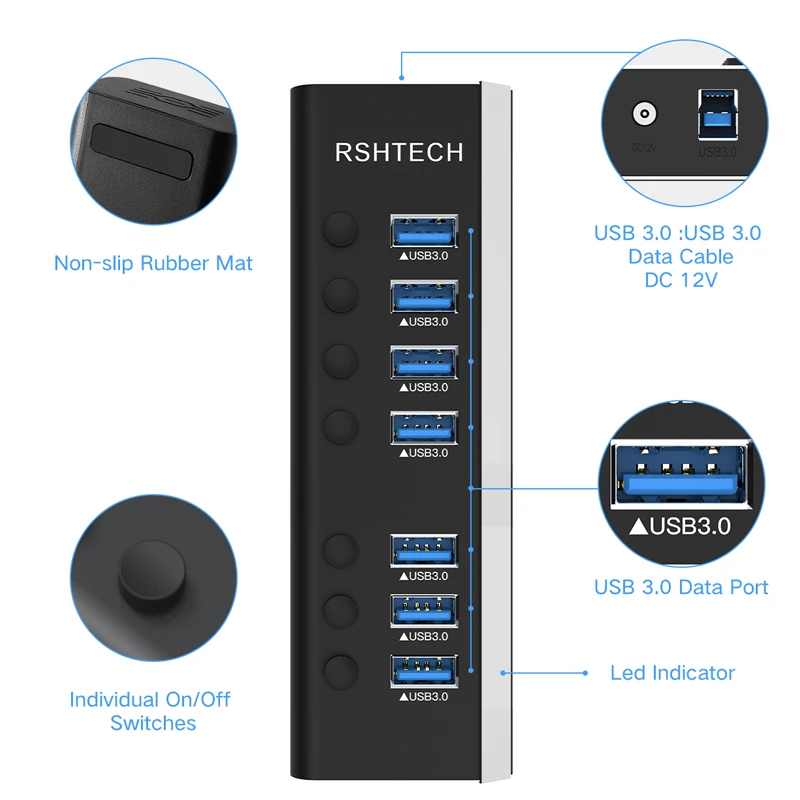 Imagem -06 - Rshtech Hub Usb 3.0 de Portas 24w com Interruptores de Alimentação Individuais Inclui Adaptador de Alimentação 12v 2a Divisor de Hub Usb de Gbps para Macbook