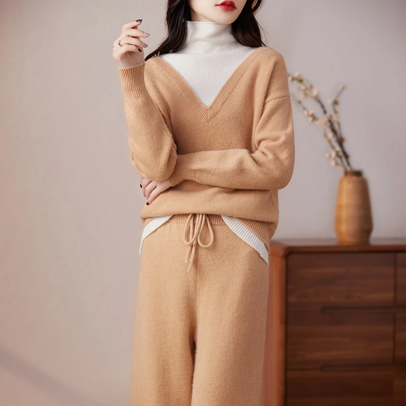 100% pure wool knitting suit women's pile collar long-sleeved shirt sweater loose design wide-leg pants two-piece suit