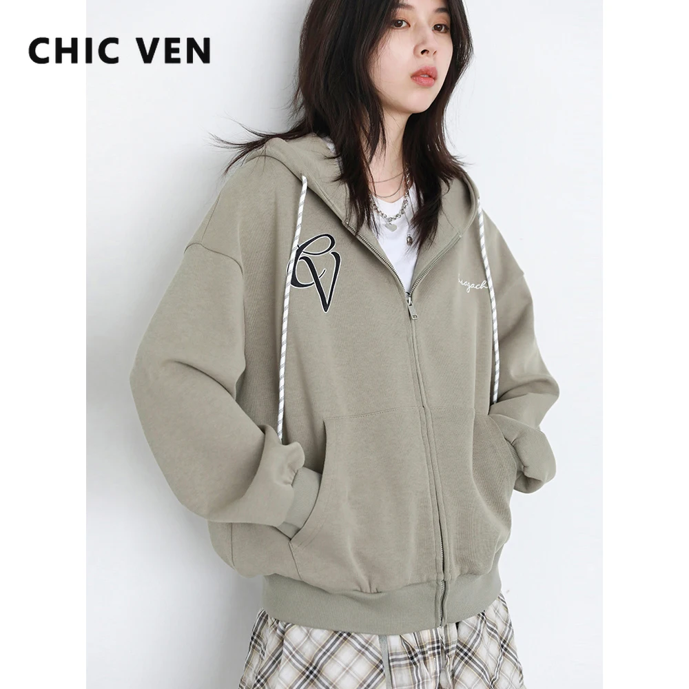 CHIC VEN Women Sweatshirts Korean Casual Loose Letter Sticker Embroidered Hoodies Fashion Female Jackets Spring Autumn New 2025