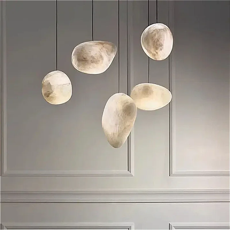 

LED Natural Marble Chandelier Bedroom Living Room Lamp Home Decor Alabaster Stone Modern Copper Creative Pebbles Pendant Lights