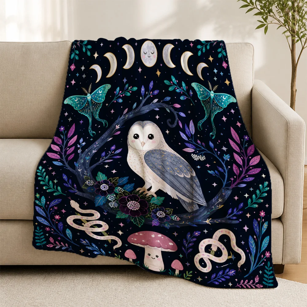 Luxurious Cottagecore Fairycore Throw Blanket Boho Style Woodland Celestial Night Sky Owl Mushroom Print Mystic Forest Ambiance