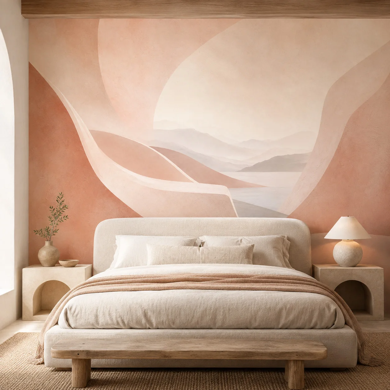 Neutral Abstract Mountain Mural Non-Pasted Wallpaper Terracotta Boho Bedroom Wall Decor, Not Peel & Stick