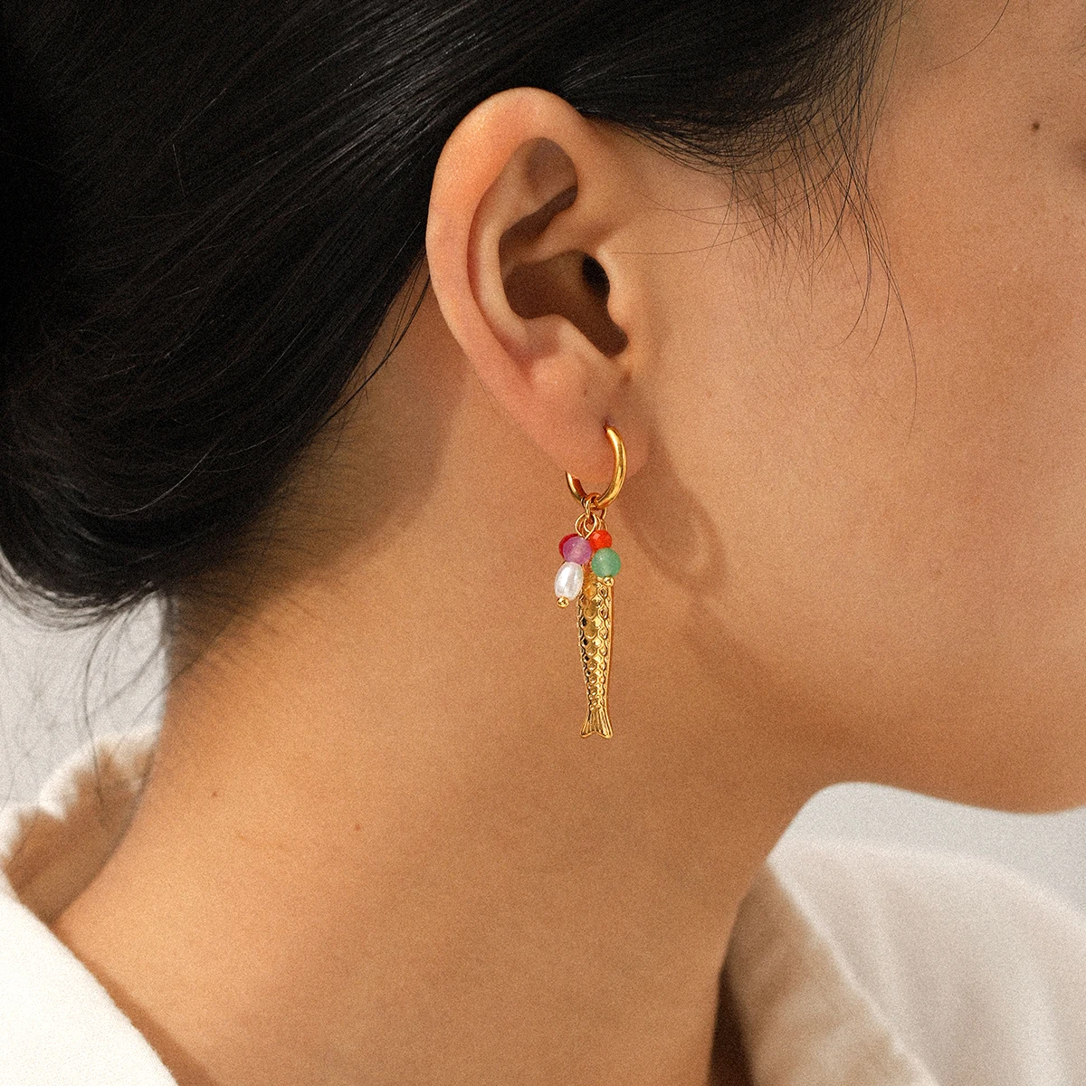 

Fashionable Fish Colored Bead Pendant Earrings Light Luxury Stainless Steel Earrings Elegant Jewelry Accessories Daily Commuting