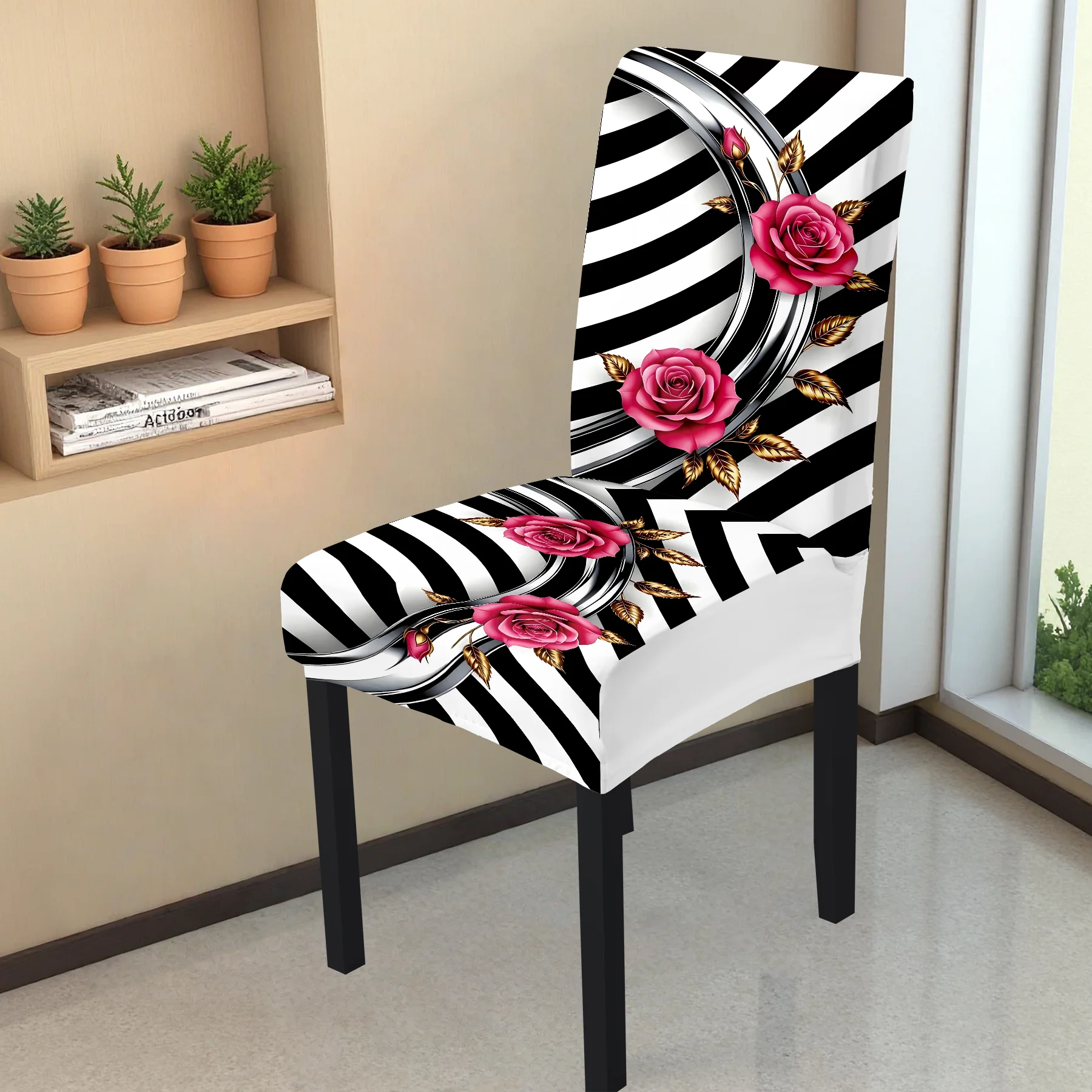 2026 New Elastic Full - Coverage Chair Cover, Romantic Rose & Zebra Stripe Print, Summer Outdoor & Indoor