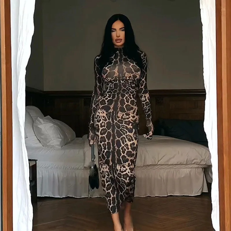 Sexy Leopard Print Long Sleeve Bodycon Dress Women Trendy Half Turtleneck Slim Fit Sexy Stretchy Dress Autumn Winter Vestidos