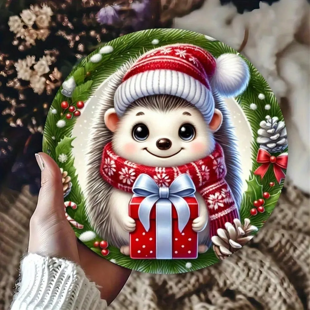 Personalized Cute Hedgehog Christmas Iron Sign 7.8x7.8 Inch - Durable Home Decor Gift for Front Door Porch Living Room Bedroom