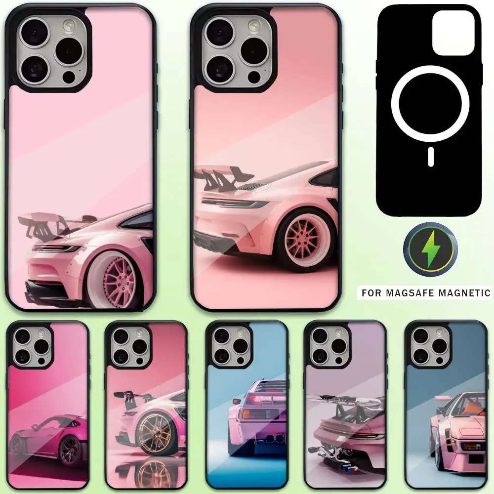 

Pink S-Sports C-Car Rear Pattern Phone Case For iPhone17,16,15,14,13,12,11 Plus,Pro Max Magnetic For Magsafe Wireless Charging