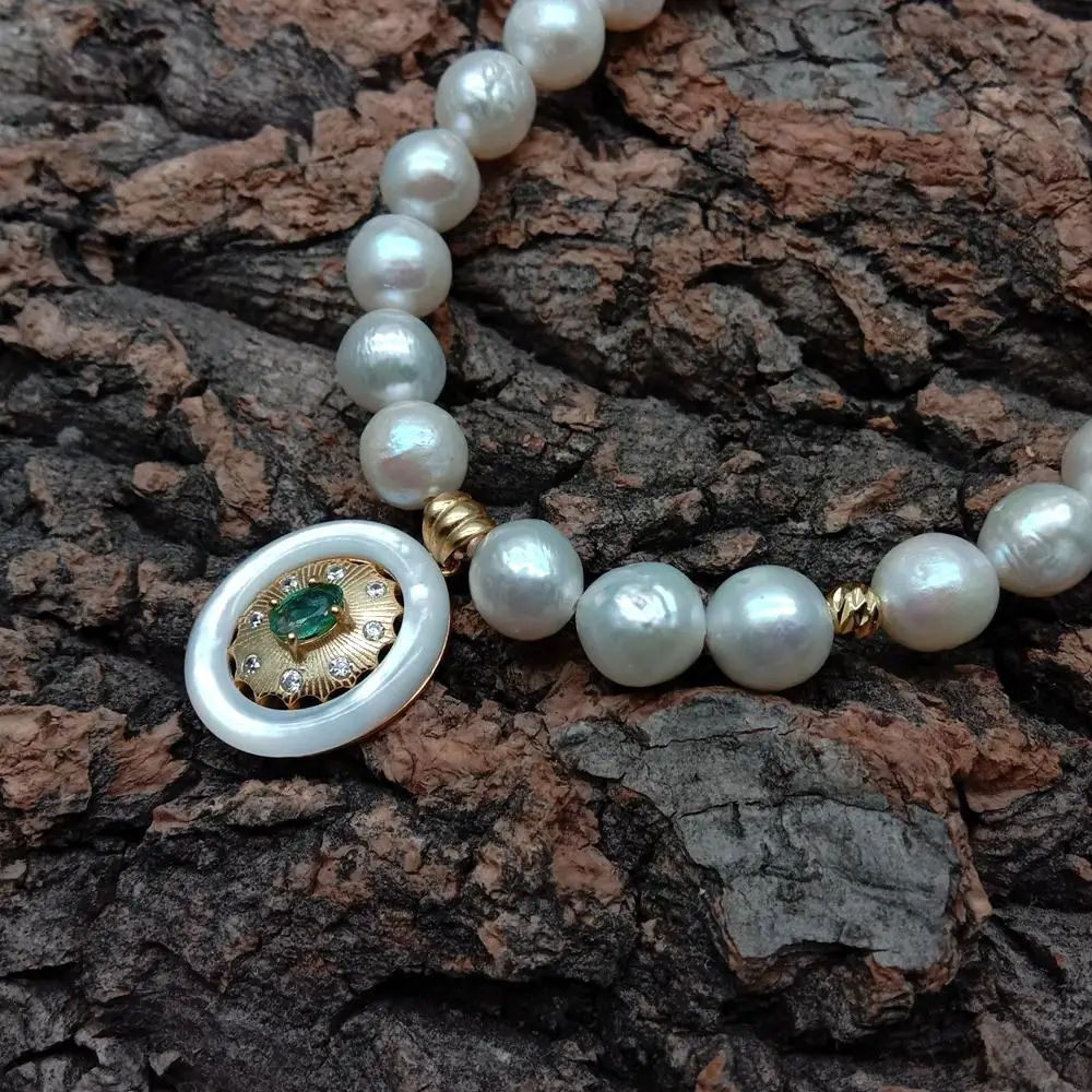 

YYGEM Matte Finish shell oval pendant natural AA Round white Cultured freshwater Pearl Choker necklace