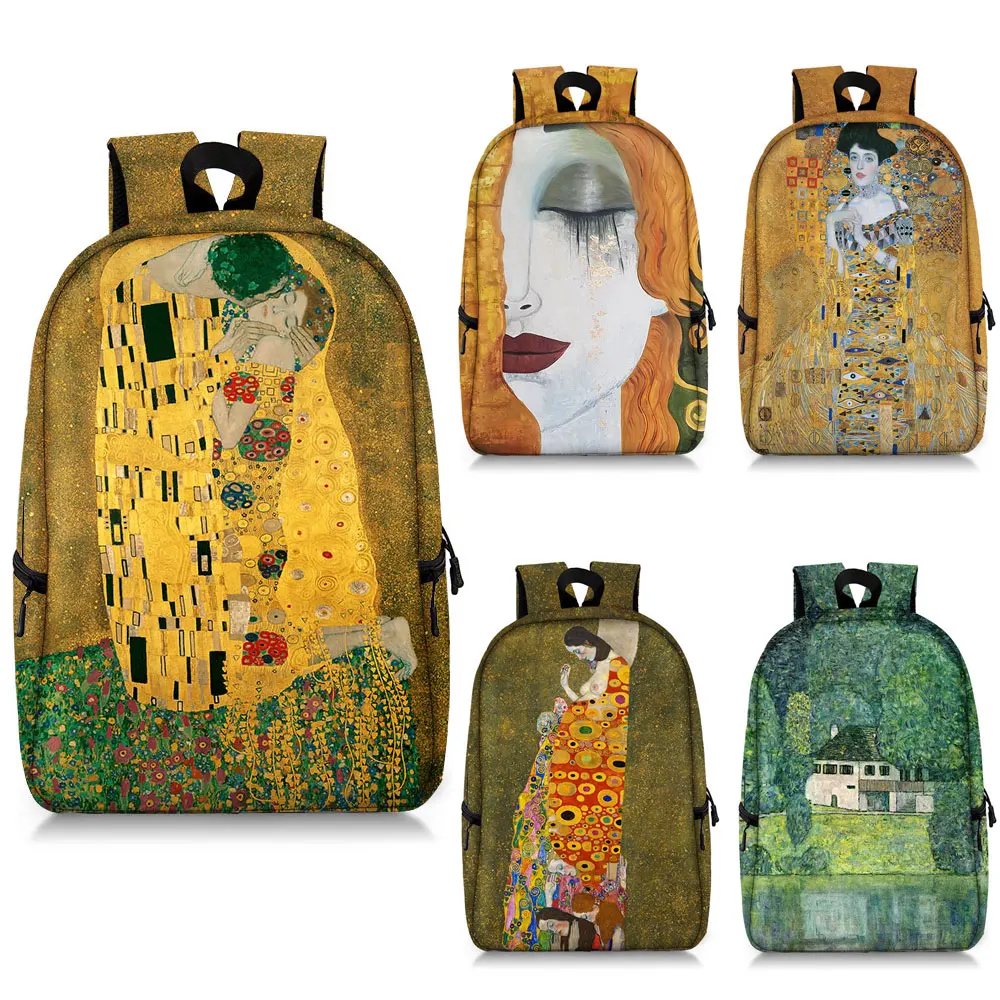 Famous Oil Painting Tears Kiss By Gustav Klimt Backpack Women Rucksack Canvas Travel Bag Students School Bags Laptop Book Bag