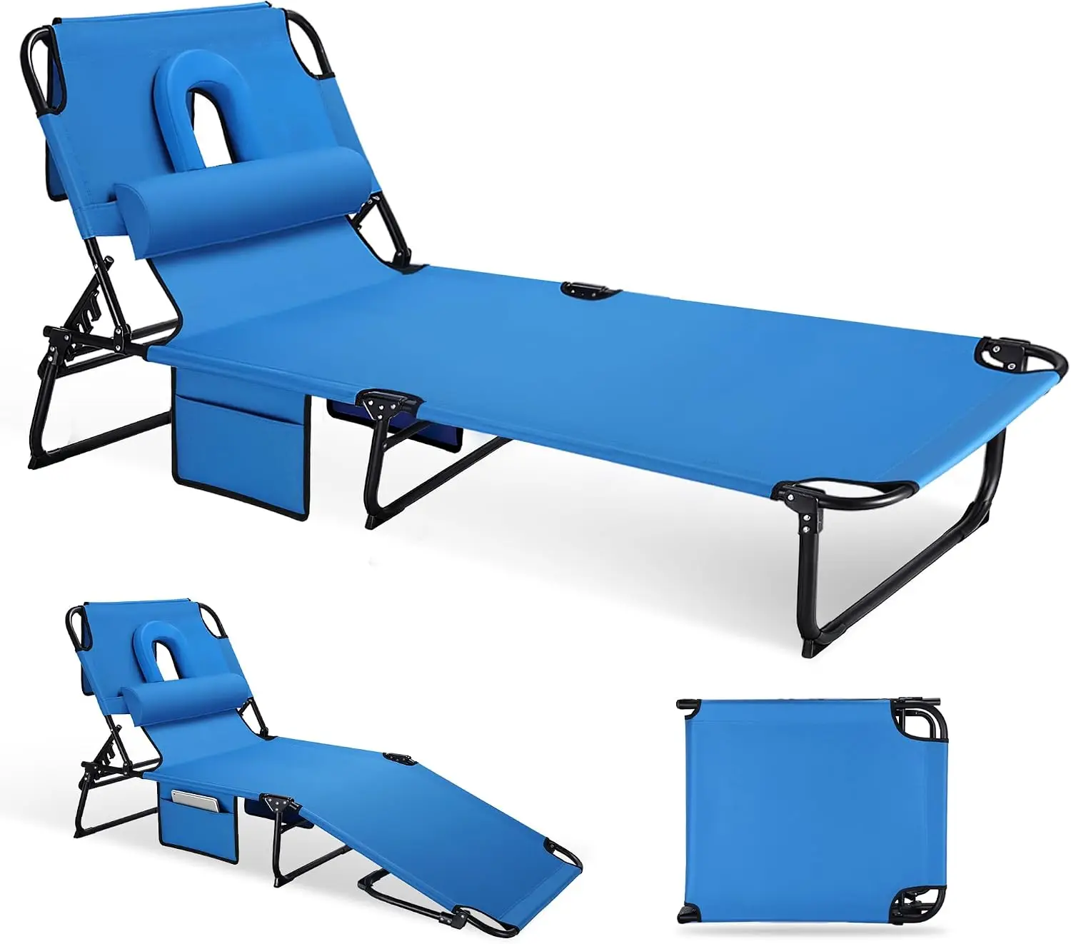 ^3-in-1 Sun Tanning Chair with Face Holes, Folding Chaise Lounge Chairs, 5-Position Adjustable Lounge Chair Outdoor with 2 Side