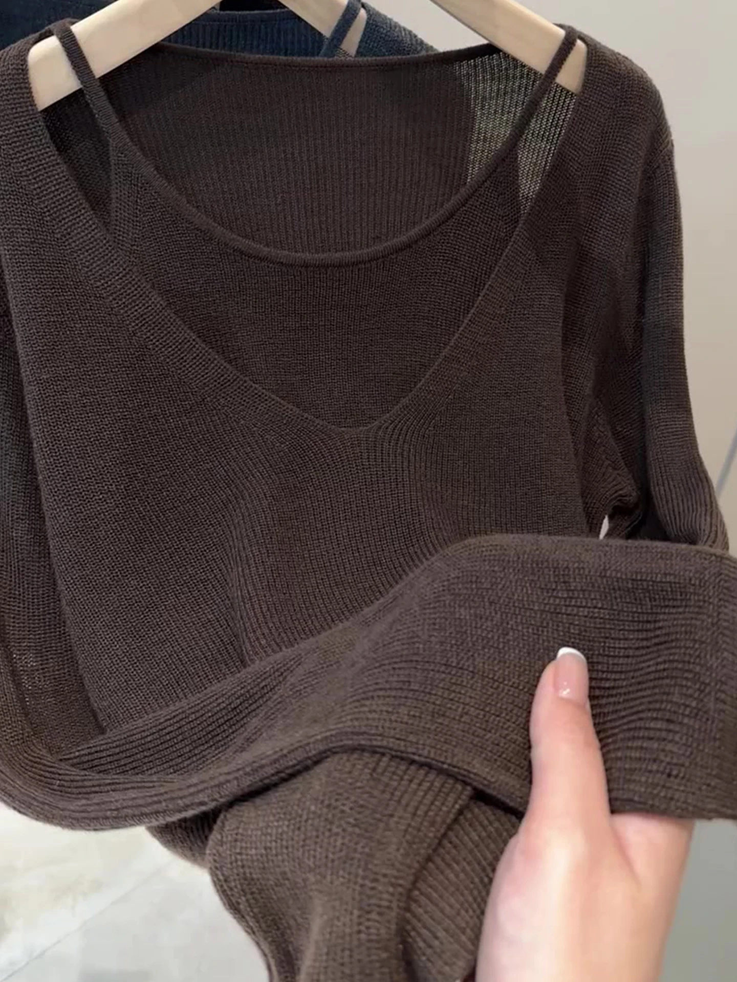 Retro Gebreide Lange Sve Base irt Casual Pure Kleur Lazy Sle Herfst Top Ensemble Nep Tweedelige Set Pendelen Koreaanse versie