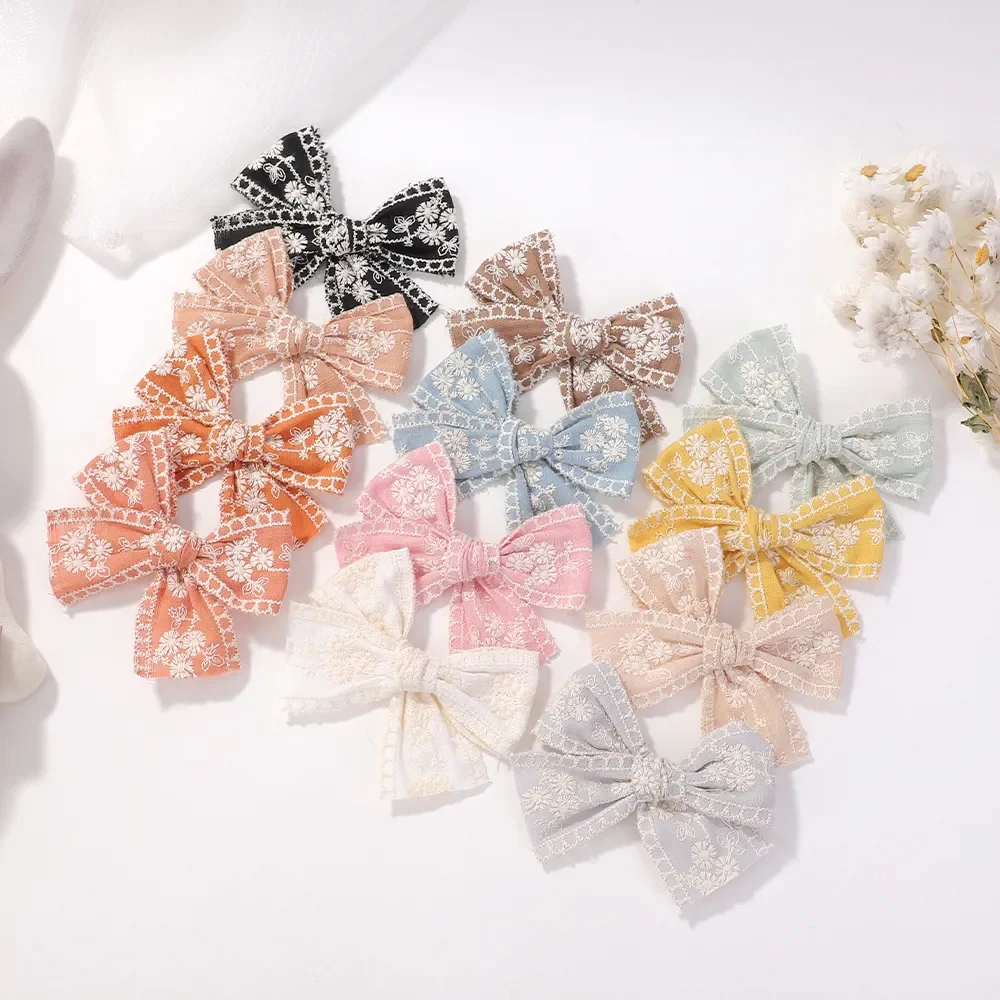 2Pcs Baby hairpin Kids Classic Embroidery Flower Bow Hair Clips Geometric Sweet Vintage Cotton Baby Girls Hair Accessories