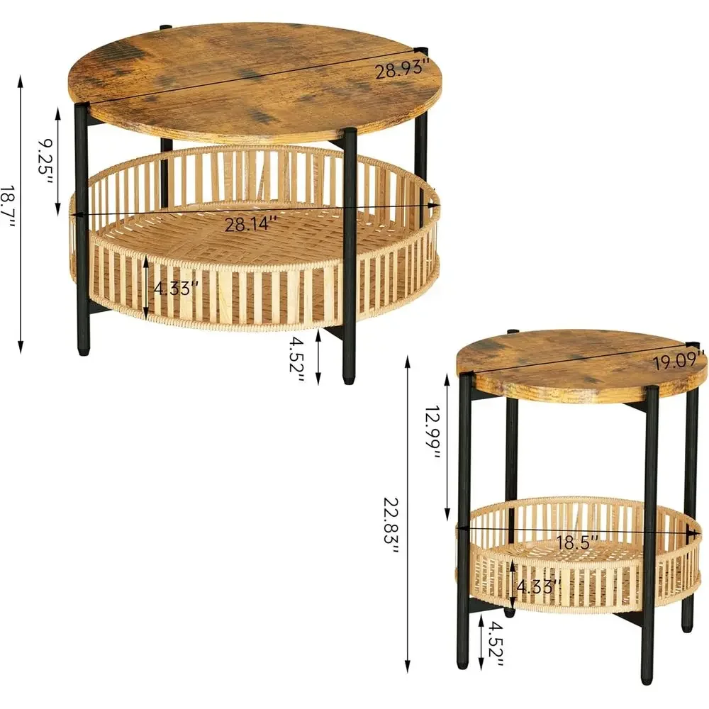 3 Pieces Coee Table Set or Living Room, 2 Tier Round Rattan Coee End Side Table, Boho Living Room Table Set with Metal e or Bedr