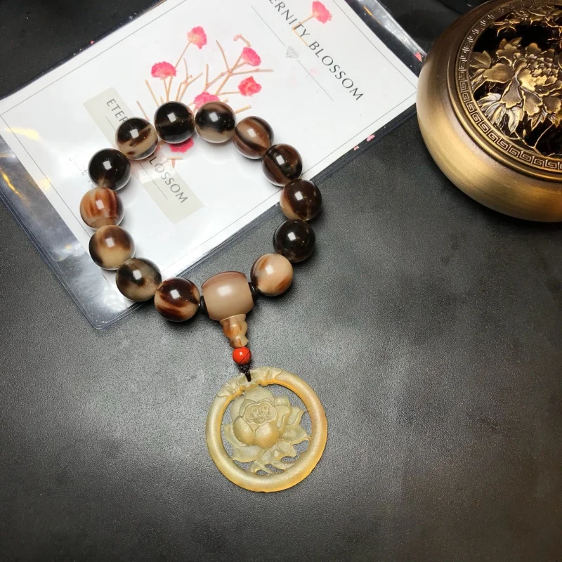 Natural bead bracelet 1.6cm, beads paired with Tibetan-style yak three-way connector and goat horn round
