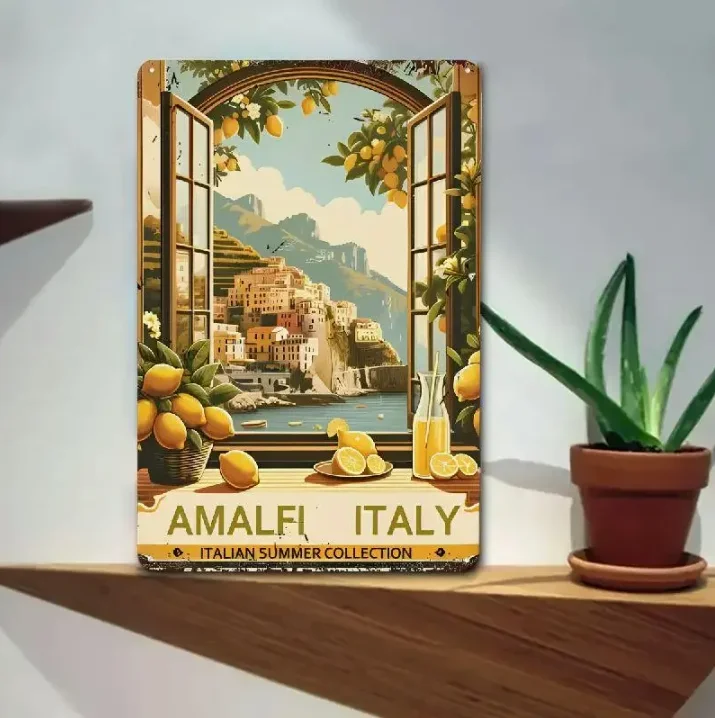 Vintage Amalfi Coast Metal Sign,Lemon Trees Scenic Tin Painting, Ideal for Bar,Cafe, Beach House Decor,Artistic BackyardWall