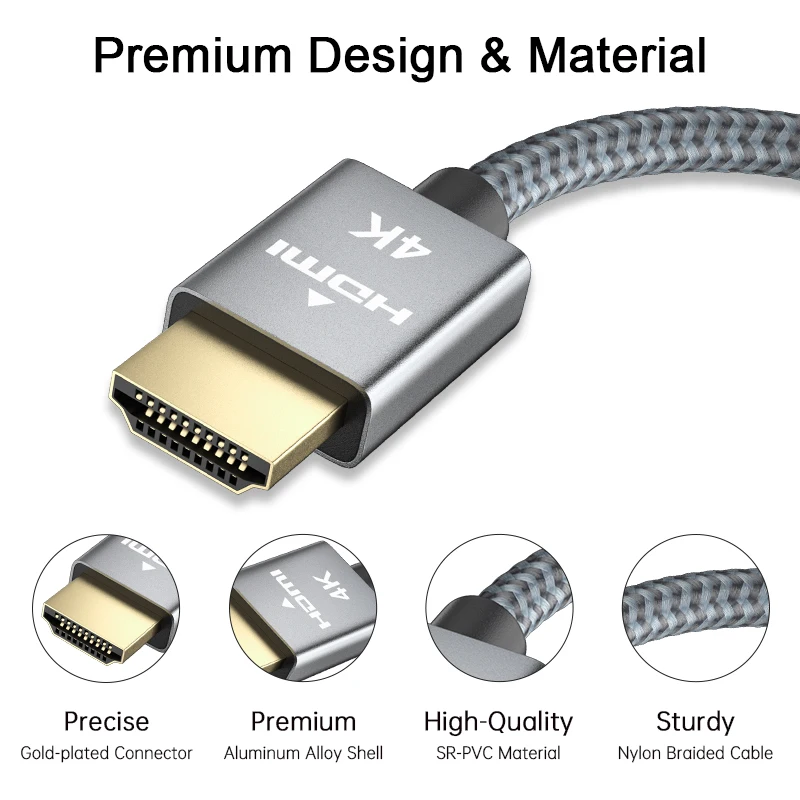 4K HDMI Cable 18Gbps HDMI 2.0 Video Cable HDR 3D Braided HDMI Cord ARC Compatible for MacBook Pro HDTV Projector PC