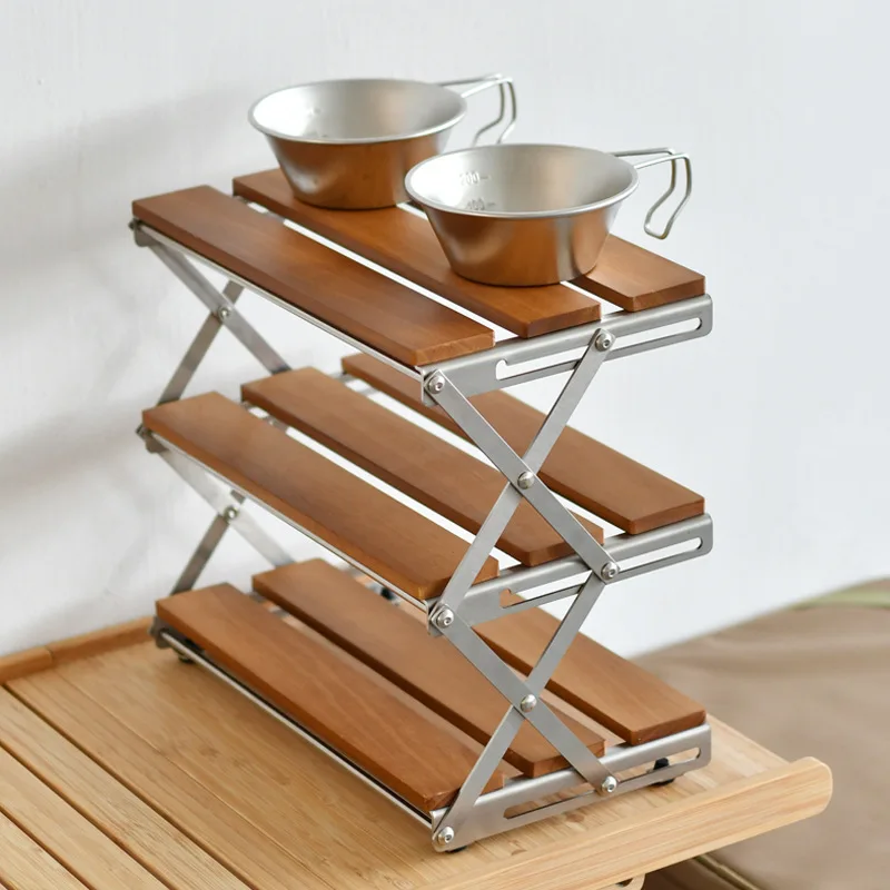 

Outdoor camping desktop folding rack storage rack solid wood installation-free multi-layer camping rack