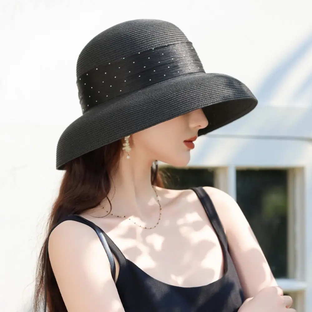 

Elegant Boho Lafite Straw Hat Dome Wide Brim Women's Sun Hats Breathable Polka Dot UV Protection Cap Summer