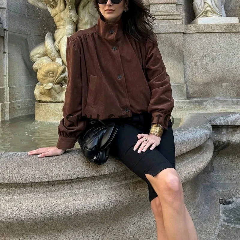 

Autumn New Arrival Women's Design Sensation Single Button Stand Collar Long Sve Faux Suede Pleated Jaet Outerwear