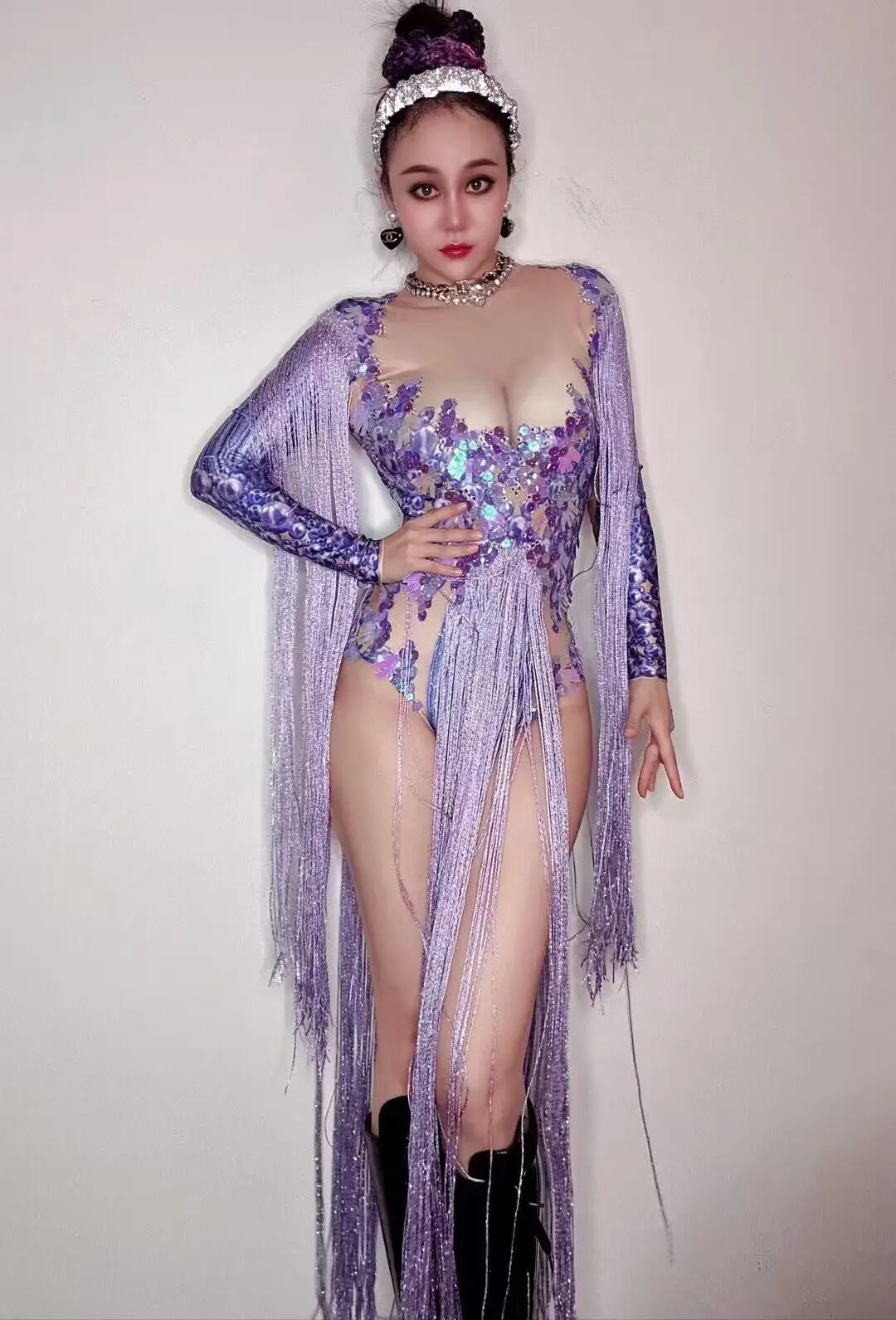 Body morado con diamantes de imitación brillantes y perlas, pelele Sexy para fiesta de noche, celebración de cumpleaños, traje de baile para actuación