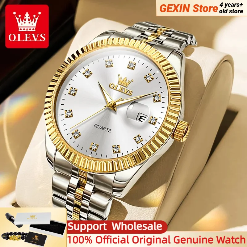 

OLEVS Quartz Watch for Man New Original Luxury Diamond Stainless Steel Waterproof Luminous Date Business Men's Watches Gifts Set