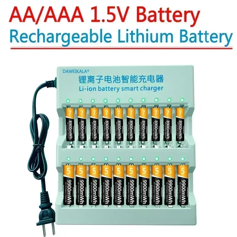 Pile AA Lithium-ion 1.5V, 9900mWh, Rechargeable, pour télécommande, souris, petit ventilateur, jouet électrique