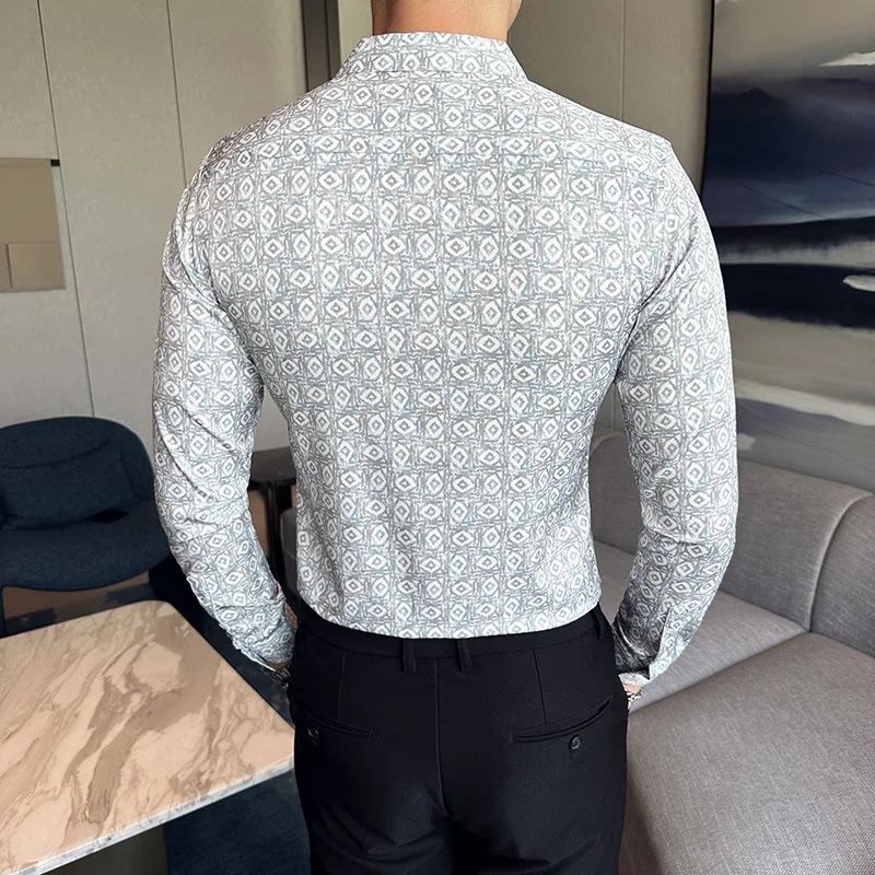 New men's lapel non ironing long sleeved shirt, early autumn trend, fashionable slim fit print, casual men's long sleeved shirt