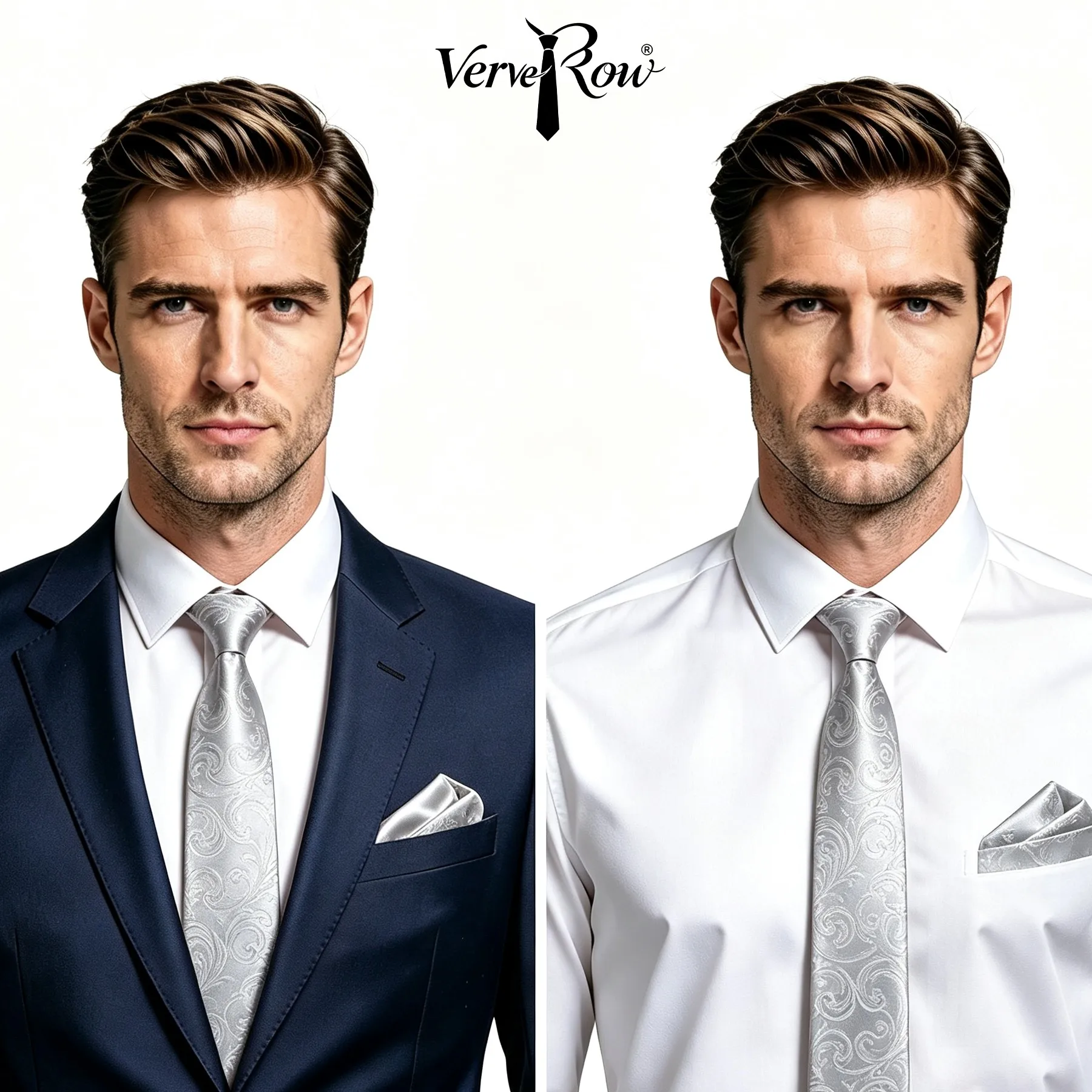 Silver Jacquard Tie Or Pocket Square Kit VerveRow Men Formal Accessory Dinner Party Exquisite Craft Luxury Stylish Outfit 2Pcs