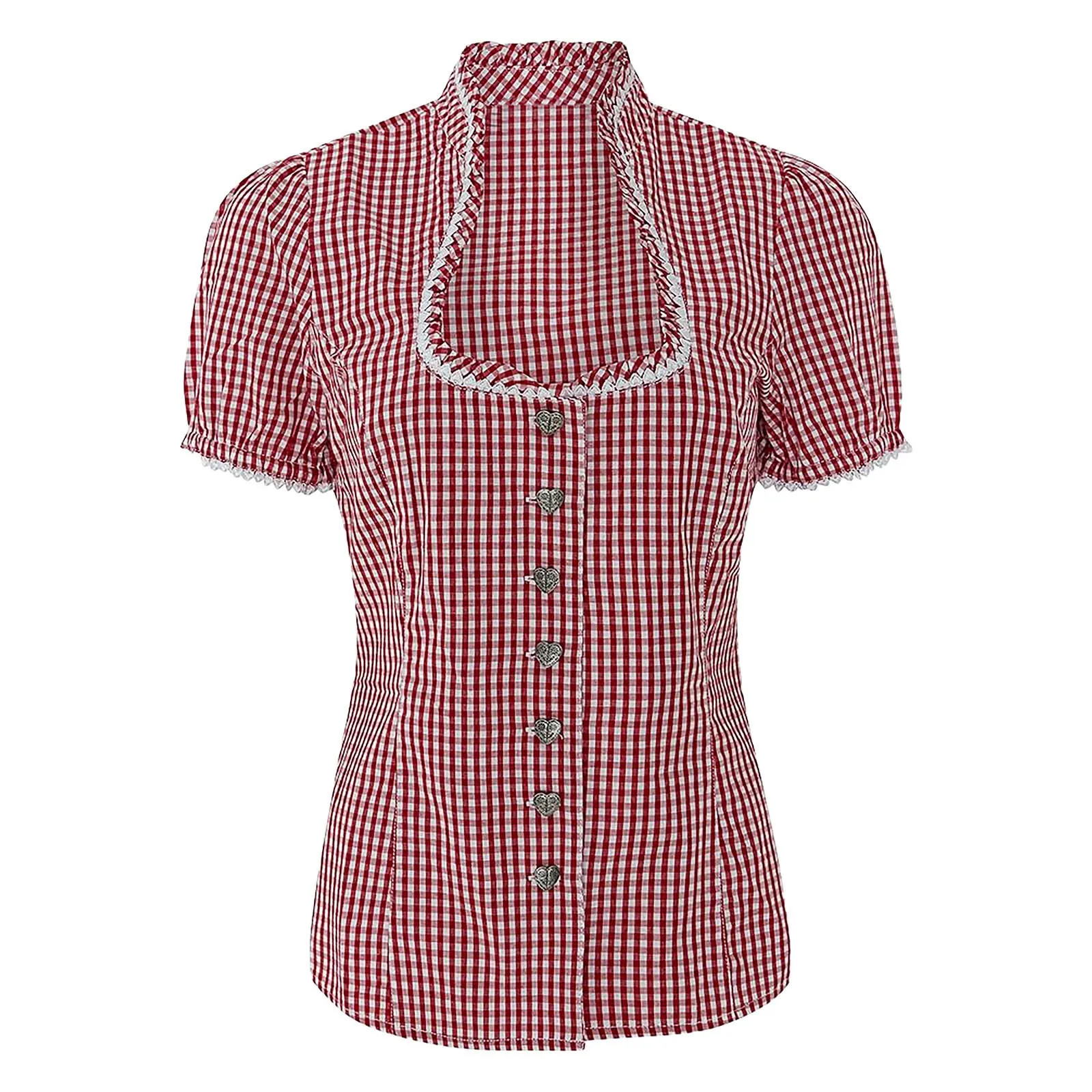 Camicia scozzese dell'oktoberfest bavarese camicetta a maniche corte con scollo a U in pizzo da donna camicetta con bottoni Casual per Festival della birra uniforme dell'oktoberfest