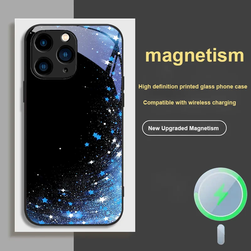 

For iPhone 11 X XR Plus 14 Pro 15 12 MAX 16 13 Magnetic Glass Phone Case Dustproof ProtectiveDreamy Starry Sky Texture Design
