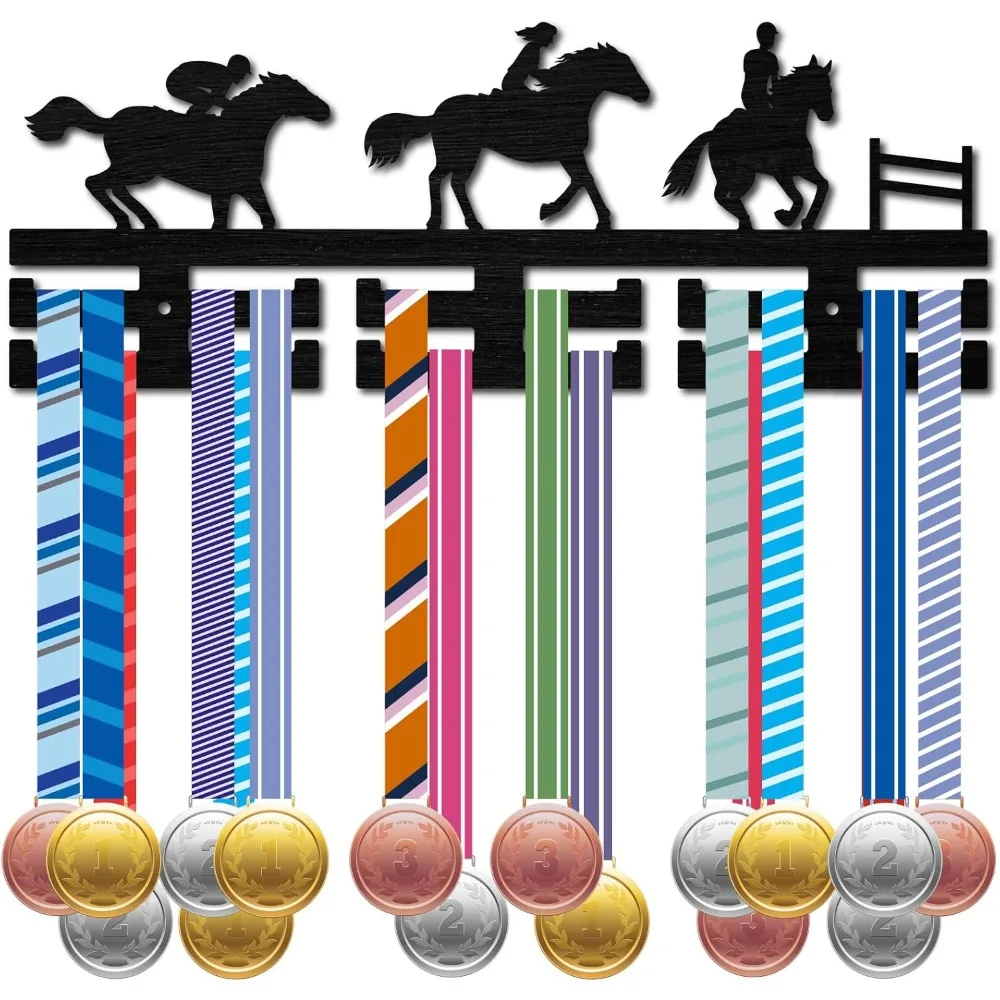 Soporte para medallas a caballo, decoración de montaje en pared, estante de almacenamiento para premios de carrera con ganchos de 2 filas para más de 30 medallas, cintas, exhibición colgante