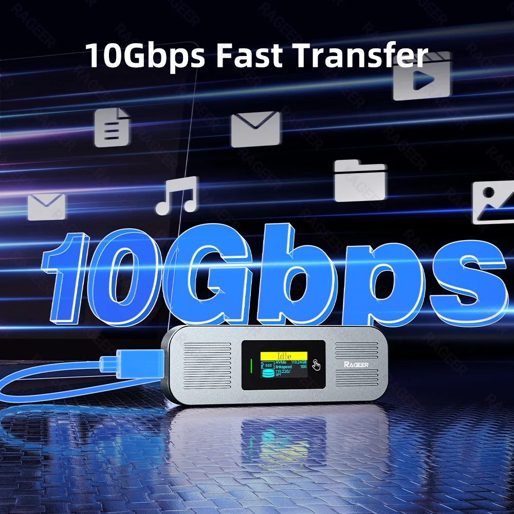 RAGEER Visual Smart M.2 NVMe 2280, adaptor USB-C aluminium dengan kecepatan Transfer Data 10Gbps untuk penyimpanan SSD eksternal.