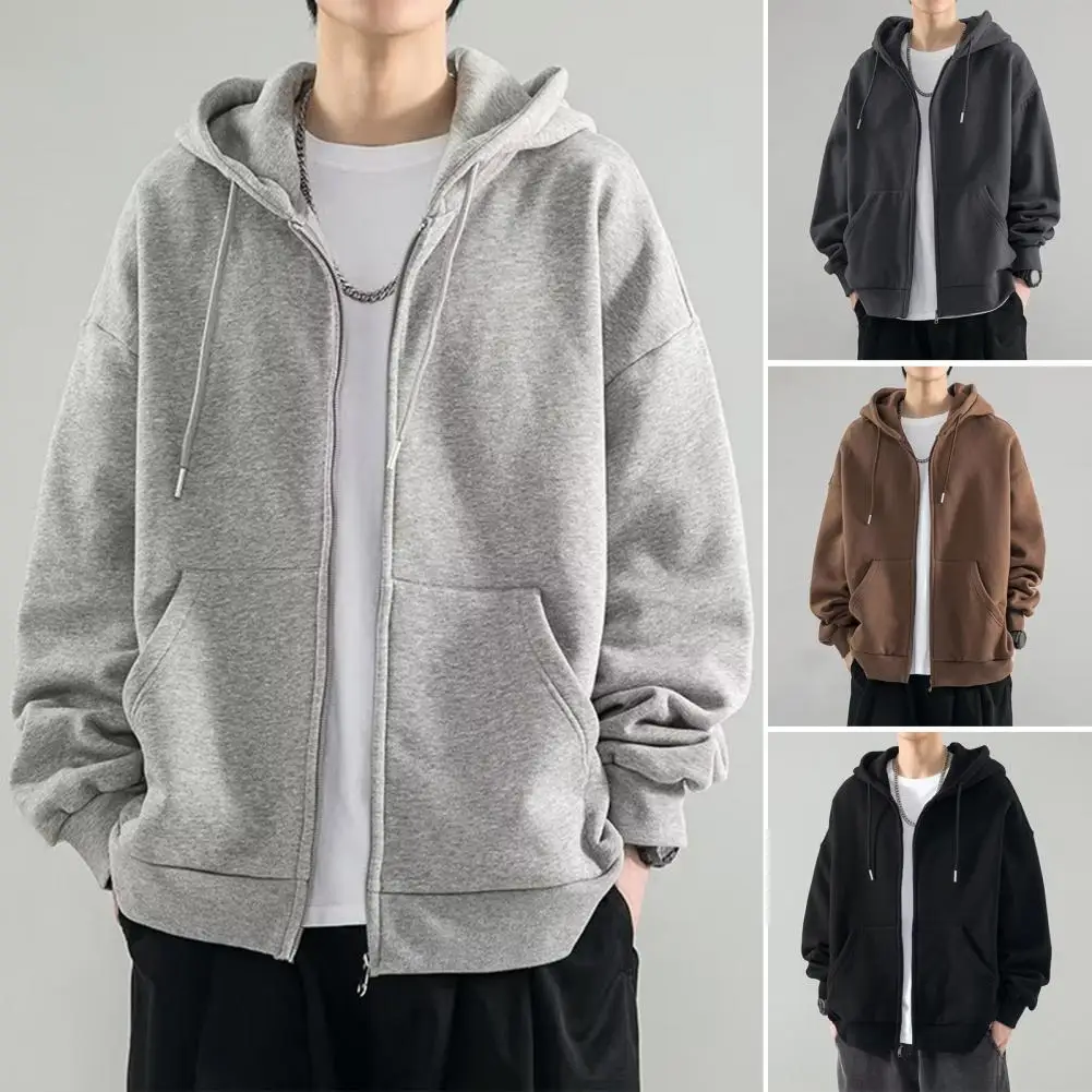 Male Clothes Black Solid Sweatshirt for Men Full Zip Up Hooded Hoodies Winter Offers High Quality Korean Style