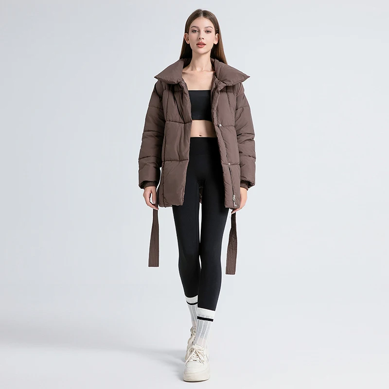 Jaqueta de puffer de inverno feminina com gola estande com cintos, Parka acolchoada de algodão sólido, casaco bolha super quente, novos saldos, moda, 2024