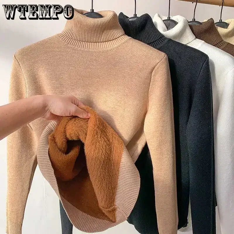 WTEMPO Winter Autumn Fleece Knitted Fleece Lined Sweaters Women's Long Sleeve Turtleneck Jumper Soft Loose Fit Pullover Knitwear