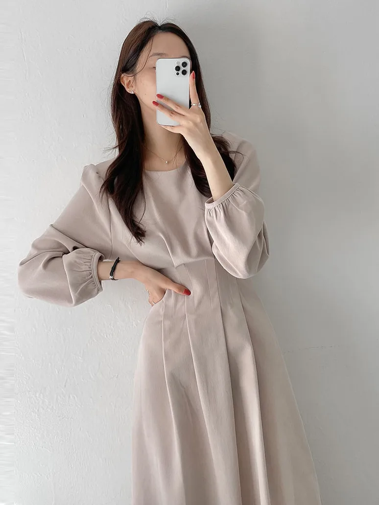 

Ele Autumn Long Bubble Sve Dr Women's Waist-Cinching Belted round Ne Pleated Slimming Over-Knee Dr