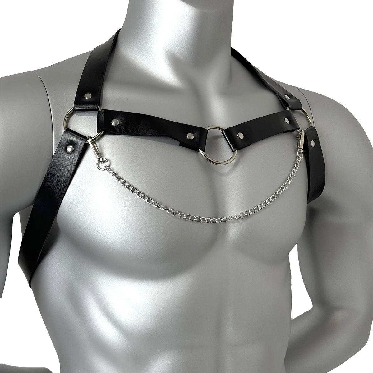 Men's Belt PU Leather Harness Strap Belt with Chest Chain Shoulder Belt Metal Ring Y2k Goth Punk Clothing Accessories view 3