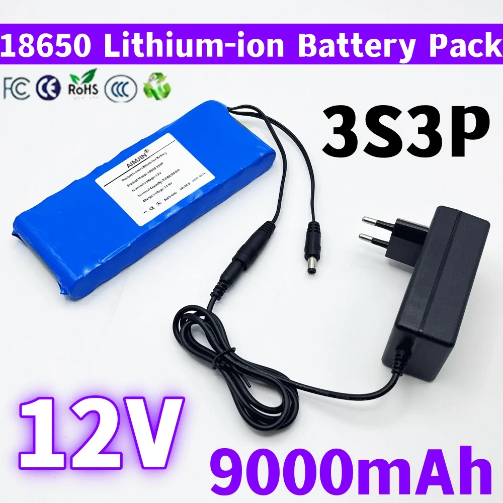 

2026 12V 9Ah 18650 Lithium Battery Pack 3S3P For Camera Video Emergency Light Radio Portable UPS Li-ion Cell+12.6V 2A Charger