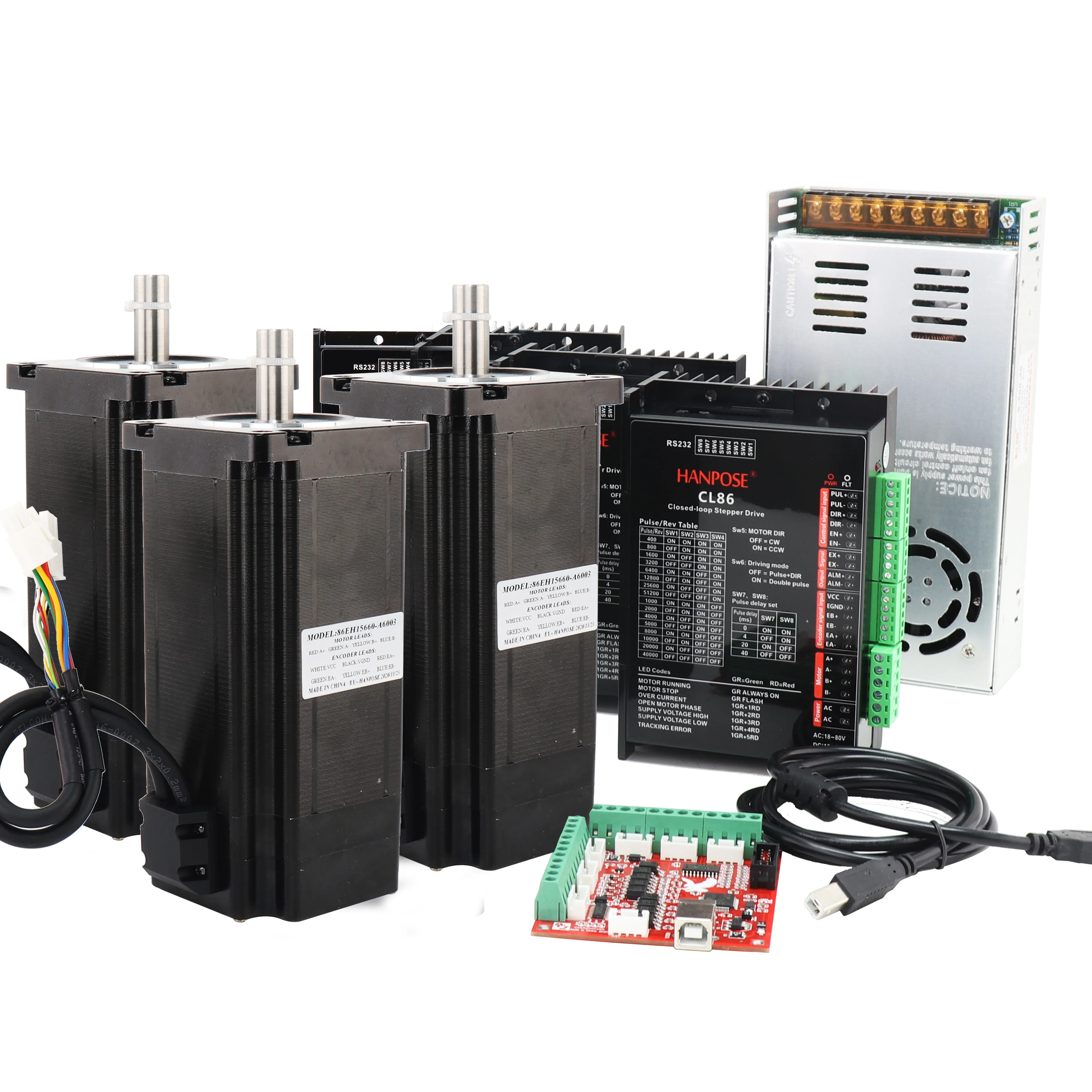 Kit CNC de 3 Ejes, Motor Servo de Circuito Cerrado Nema 34 86EH156 12N.m 6.0A, Controlador CL86, Fuente de Alimentación de 48V 360W + Placa de Interfaz MACH3