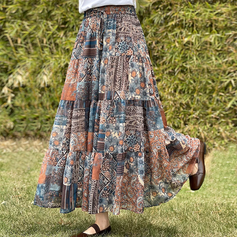 F-Rock aus Seide mit abstraktem Druck und elastischer Taille, lockere Passform, Midirock für Damen, Sommersaison, normal, dünn