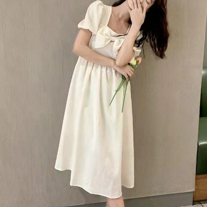 Midi Dresses Women Baggy Sweet Pure Square Collar Tender All-match Holiday Chic Fashion Aesthetic Vestidos Simple French Style