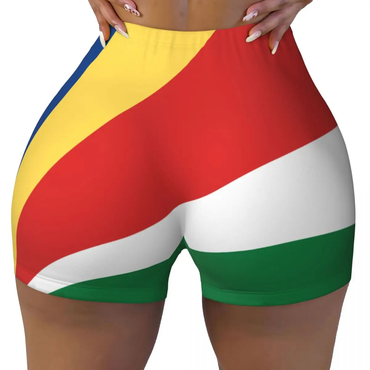 Dameskleding Gym Push Up Korte Elasticiteit Scrunch Butt Hardloopshorts Seychellen Vlag Sportshorts