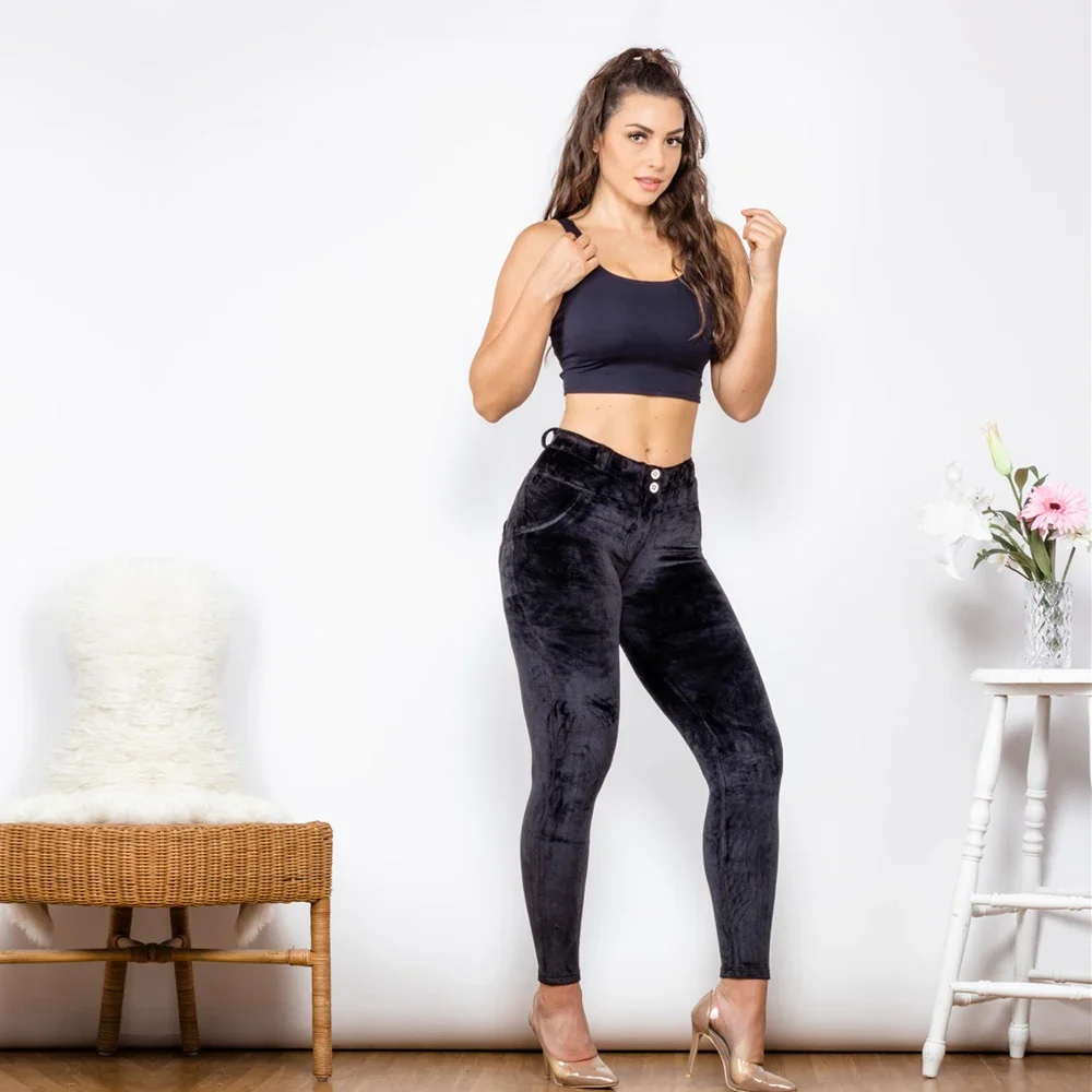 Shascullfites Melody Black Velvet Pants for Women Velvet Elastic Mid Waist Leggings Sport Pants Casual Women Fashion Pants