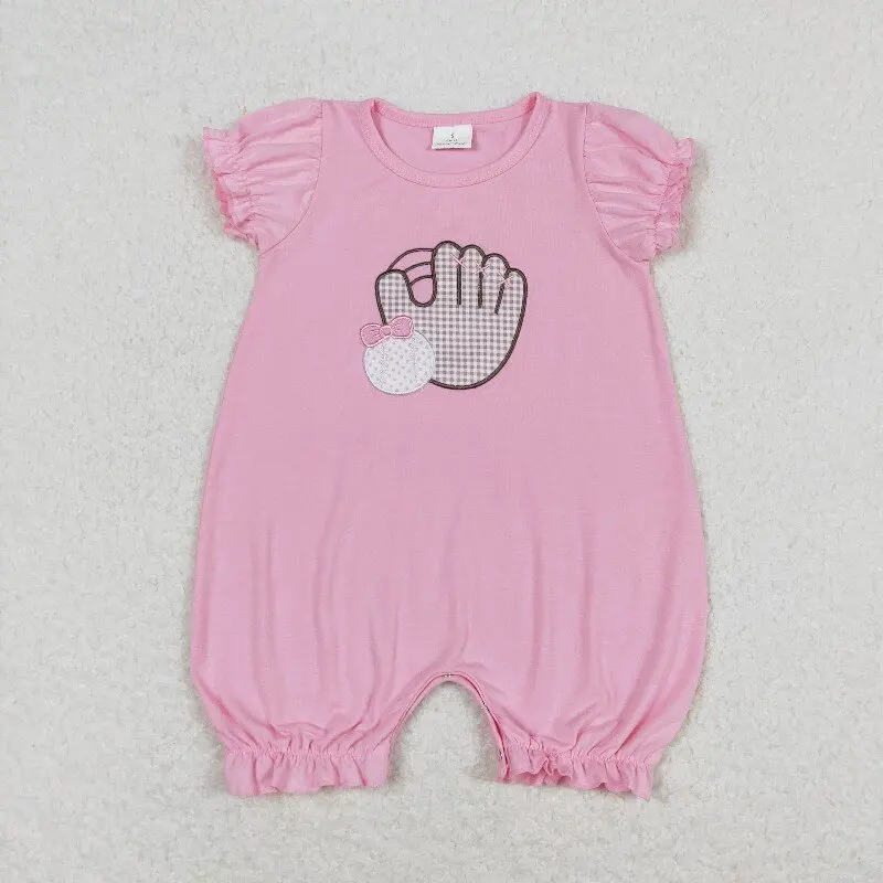 11.19y SR1213 Embroidered bow baseball Girls' summer rompers wholesale glove pink short-sleeved bodysuits
