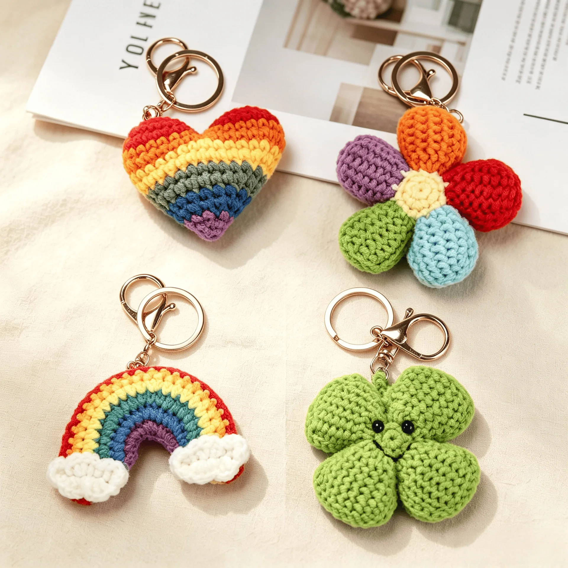 Handmade Finished Crocheted Car Keychain Love Rainbow Grass Multicolored Flower Knitted Pendant Keychain Bag Accessories Gifts
