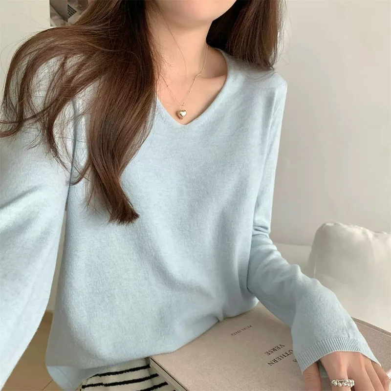 V Neck Thin Knit Sweater Women Soft Ribbed Long Sleeve Solid Basic Slim Pullover Autumn Winter All-Match Casual Knitted Jumpers